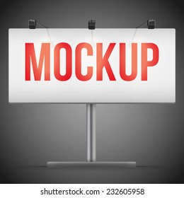 Empty wide mockup billboard with spotlights and illuminated at night. Vector Illustration isolated on background.