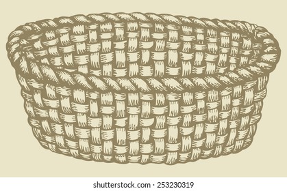 Empty willow wicker pannier. Vector monochrome freehand ink drawn background sketchy in scrawl ancient style pen on paper with space for text