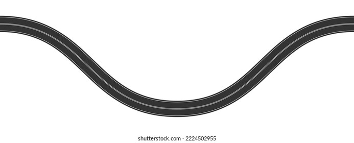 Empty winding asphalt road fragment with marking. Horizontal aerial view. Seamless highway template. Part of city street roadway isolated on white background. Vector flat illustration
