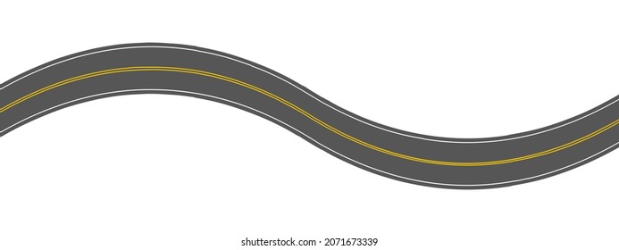 Leere, gewundene Asphaltstraße mit Markierung. Horizontale Luftansicht. Nahtlose Straßenvorlage. Element der Straßenbahn einzeln auf weißem Hintergrund. Vektorflache Illustration.