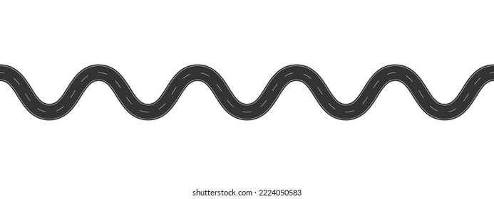 Empty winding asphalt road with marking. Horizontal aerial view. Seamless highway template. Element of city street roadway isolated on white background. Vector flat illustration