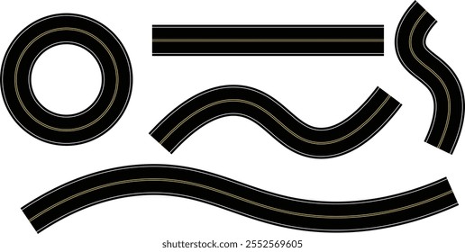 Empty winding asphalt road with marking. Street roadway elements. Vector illustration