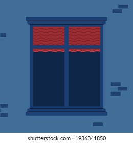 Empty window with closing red jalousie blinds and nobody inside