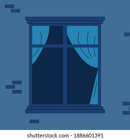 Empty window with double blue curtains seen from outside - exterior view of dark apartment window on brick wall with nobody inside. Flat vector illustration.