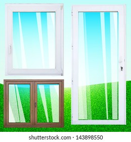 empty windows on a green grass and blue sky background