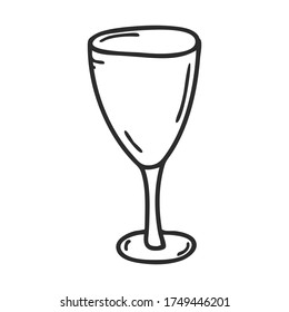 An empty wine glass. Doodle style. Kitchen utensils. Design element for decorating menu, recipes, and food packaging. Hand drawn and isolated on white. Black-white vector illustration.