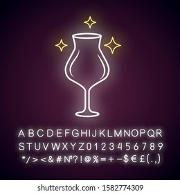 Empty wine glass neon light icon. Crystal glassware shapes, types. Clear glass for dessert and red wine. Alcohol drinking. Glowing sign with alphabet, numbers and symbols. Vector isolated illustration
