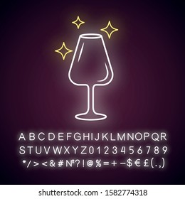 Empty wine glass neon light icon. Crystal glassware shapes, types. Clear glass for dessert and red wine. Alcohol drinking. Glowing sign with alphabet, numbers and symbols. Vector isolated illustration