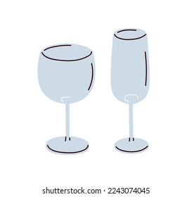 Empty wineglasses. Glassware, stemware for alcohol drinks. Glass kitchen ware, utensils of different types for champagne and wine. Flat vector illustration isolated on white background