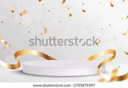 Empty Winner podium with flying gold ribbon and confett