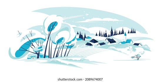 Empty winter village with church among snowy  fields and coniferous trees. Horizon scene. Flat vector illustration.