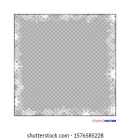 Empty winter white frame on a whole leaf with Snowflakes and shadow on transparent background. Photo holiday border. Eps10