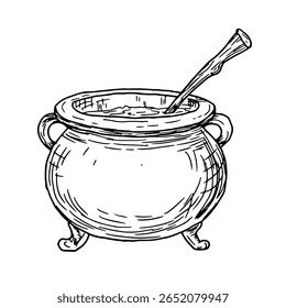 Empty witch's cauldron on legs, black and white ink sketch. Vector illustration . A magical cast-iron cauldron with potion, isolated on a white background. The theme of magic, witchcraft and Halloween