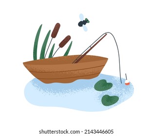 Empty wood boat with fishing rod, pole and bobber floating on lake water. Peaceful fairytale nature with wooden vessel in river. Childish flat vector illustration isolated on white background