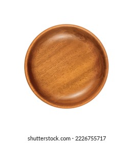 Empty Wood Bowl Isolated, Wooden Bowl on White Background Top View, Rustic 3d Realistic Vector Mock Up