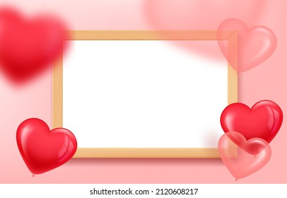 Empty wood frame on the table with air balloons. 3d landscape orintation vector mockup for design