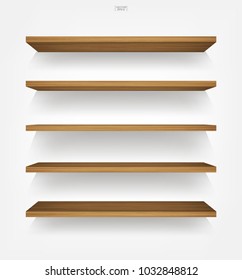 Empty wood shelf on white background with soft shadow. 3D empty wooden shelves on white wall. Vector illustration.