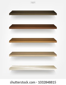 Empty wood shelf on white background with soft shadow. 3D empty wooden shelves on white wall. Vector illustration.