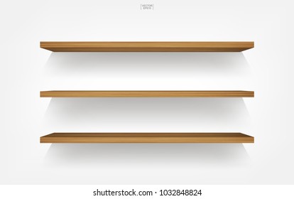 Empty wood shelf on white background with soft shadow. 3D empty wooden shelves on white wall. Vector illustration.