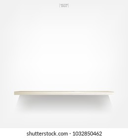 Empty wood shelf on white background with soft shadow. 3D empty wooden shelves on white wall. Vector illustration.