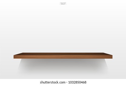 Empty wood shelf on white background with soft shadow. 3D empty wooden shelves on white wall. Vector illustration.