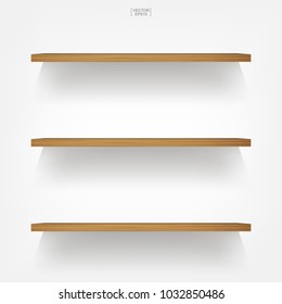 Empty wood shelf on white background with soft shadow. 3D empty wooden shelves on white wall. Vector illustration.