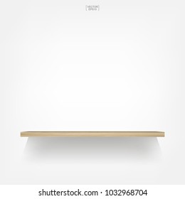 Empty wood shelf on white background with soft shadow. 3D empty wooden shelves on white wall. Vector illustration.