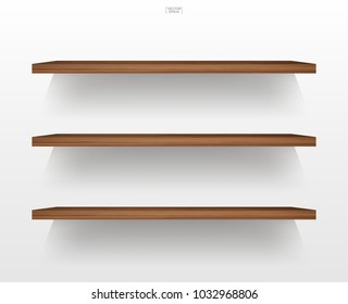 Empty wood shelf on white background with soft shadow. 3D empty wooden shelves on white wall. Vector illustration.