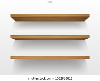 Empty wood shelf on white background with soft shadow. 3D empty wooden shelves on white wall. Vector illustration.