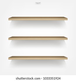 Empty wood shelf on white background with soft shadow. 3D empty wooden shelves on white wall. Vector illustration.