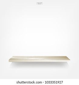 Empty wood shelf on white background with soft shadow. 3D empty wooden shelves on white wall. Vector illustration.