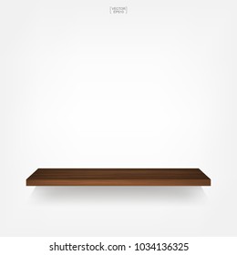 Empty wood shelf on white background with soft shadow. 3D empty wooden shelves on white wall. Vector illustration.