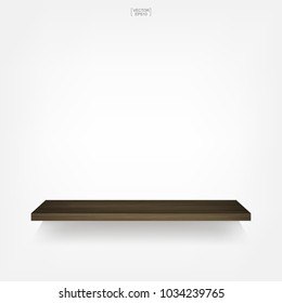 Empty wood shelf on white background with soft shadow. 3D empty wooden shelves on white wall. Vector illustration.