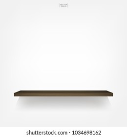 Empty wood shelf on white background with soft shadow. 3D empty wooden shelves on white wall. Vector illustration.