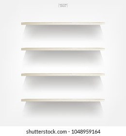 Empty wood shelf on white background with soft shadow. Vector illustration.