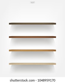 Empty wood shelf on white background with soft shadow. Vector illustration.