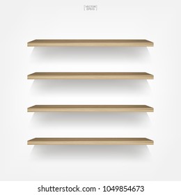 Empty wood shelf on white background with soft shadow. Vector illustration.