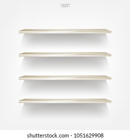 Empty wood shelf on white background with soft shadow. Vector illustration.