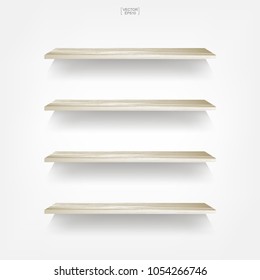 Empty wood shelf on white background with soft shadow. Vector illustration.