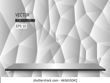 Empty wood shelf on white polygon wall background.