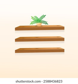 Empty wood shelves illustration design with an indoor plant on the shelves. 3D realistic Wooden shelves design vector. Wooden rack art. 