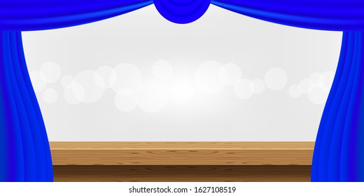 empty wood table and luxury blue curtains for advertise product display, wooden top table decoration with curtain, wood plank board space for banner copy space text, tabletop front view for banner ad