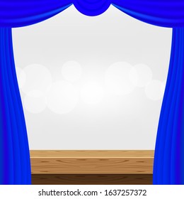 empty wood table and luxury blue curtains for advertise product display, wooden top table decoration with curtain, wood plank board space for banner copy space text, tabletop front view for banner ad