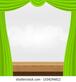 empty wood table and luxury green curtains for advertise product display, wooden top table decoration with curtains, wood plank board space for banner copy space text, tabletop front for banner ad