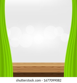 empty wood table and luxury green curtains for advertise product display, wooden top table decoration with curtains, wood plank board space for banner copy space text, tabletop front for banner ad