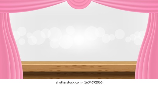 empty wood table and luxury pink curtains for advertise product display, wooden top table decoration with curtain, wood plank board space for banner copy space text, tabletop front view for banner ad