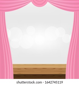 empty wood table and luxury pink curtains for advertise product display, wooden top table decoration with curtain, wood plank board space for banner copy space text, tabletop front view for banner ad
