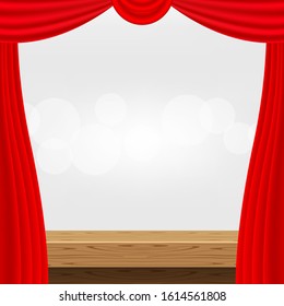 empty wood table and luxury red curtains for advertise product display, wooden top table decoration with curtain red, wood plank board space for banner copy space text, tabletop front view for banner