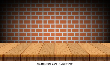 empty wood table, retro wall brick for copy space, counter wood table on rustic wall brick, wooden table for display mockup, wood tabletop desk for shelf place product, wooden plank of kitchen counter