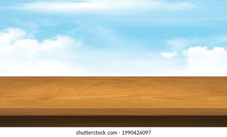 Empty Wood table top on blue sky background. Brown wood texture  with smooth and clean sky for display of content design.Banner for advertise product.Perspective brown wood couter.vector illustration.